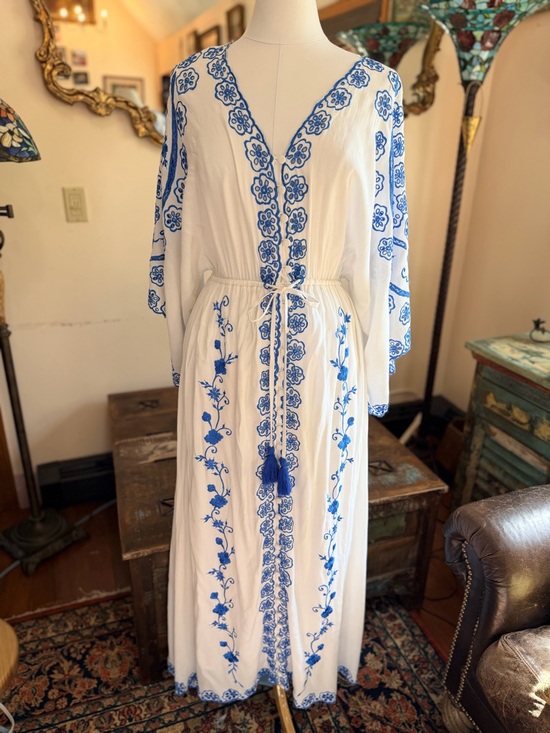 Fillyboo Dresses & Skirts - Fillyboo White Maxi Dress with Blue Embroidery and Tassel Drawstring